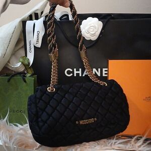 Authentic Moschino Black Quilted Puffy Nylon Shoulder Bag Gold Chain Strap